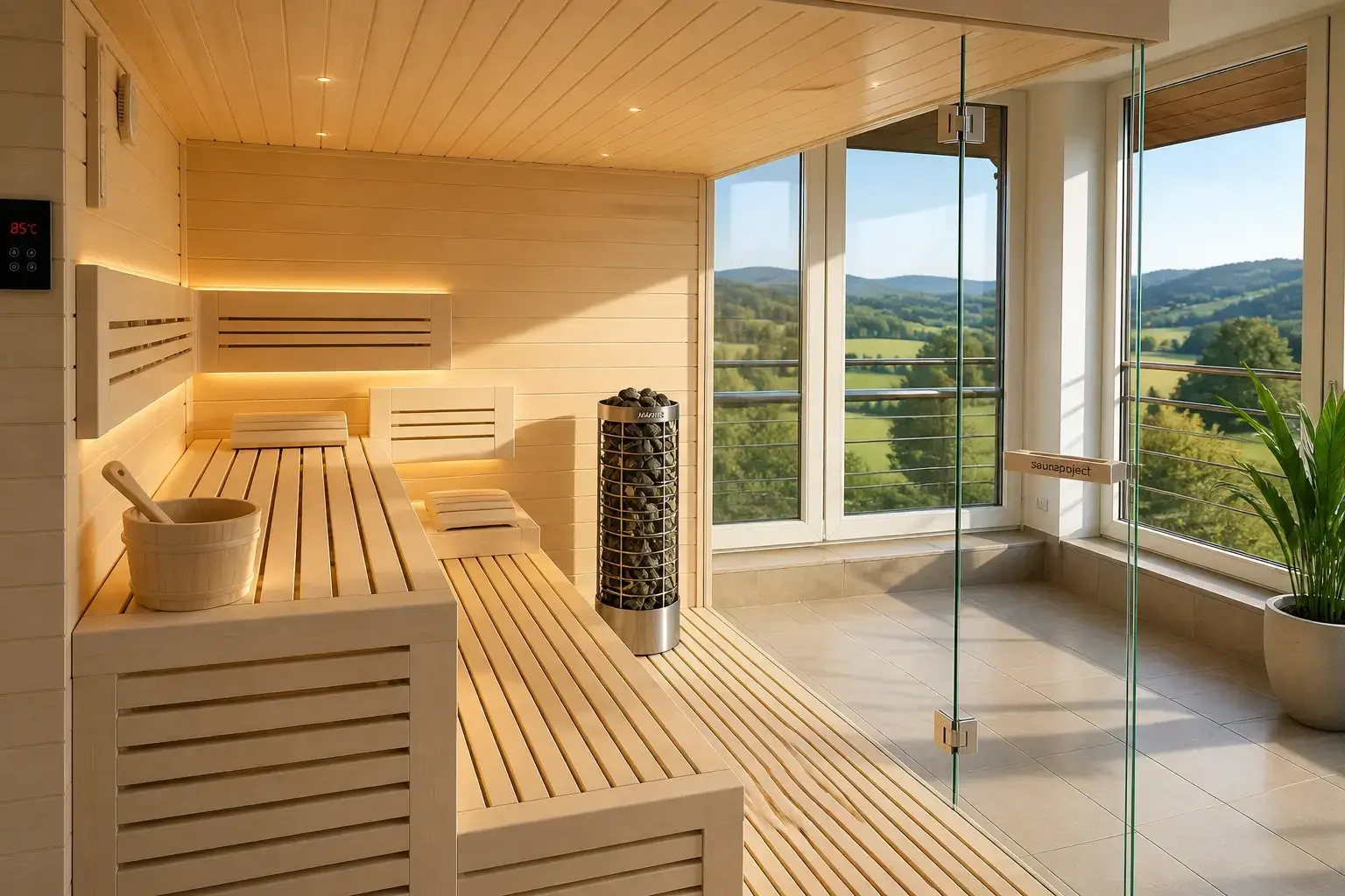 Prosklená interiérová sauna z osiky navržená a realizovaná Saunaproject