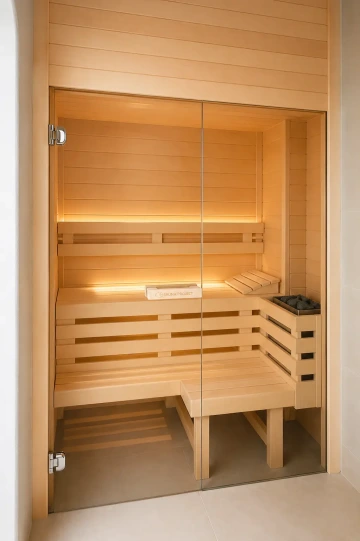 Cuvier sauna osika interiér čelní prosklená stěna z jednoduchého skla.
