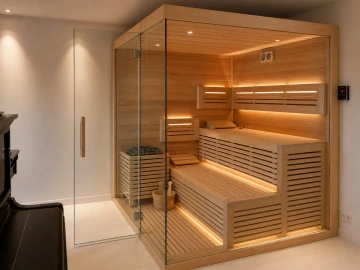 Sauna s elegantním designem v romantickém interiéru u piana vytváří jedinečnou atmosféru klidu a luxusu. Kombinace světlého dřeva, prosklené stěny a jemného LED osvětlení podtrhuje moderní styl a přináší dokonalý relaxační zážitek přímo u vás doma.