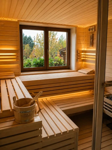 Finská sauna do interiéru s velkým oknem a výhledem do zahrady, kombinující moderní design, přírodní dřevo a příjemné LED osvětlení pro dokonalou relaxaci a autentický saunový zážitek.