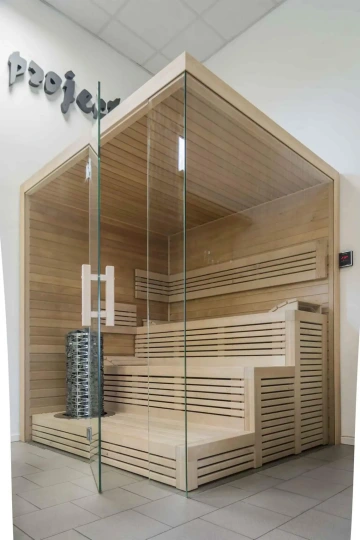 Prosklená sauna na showroomu v Praze interiér Olše