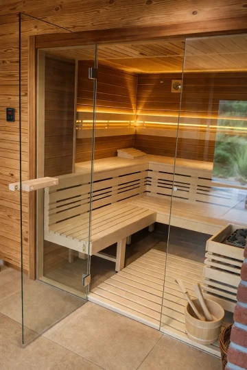 Luxusní cedrová sauna s prosklenou stěnou, designovými lavicemi a LED osvětlením v moderním interiéru pro maximální komfort a relaxaci