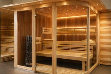 Luxusní sauna s obloukovým sklem, LED osvětlením a designovými lavicemi od Saunaproject
