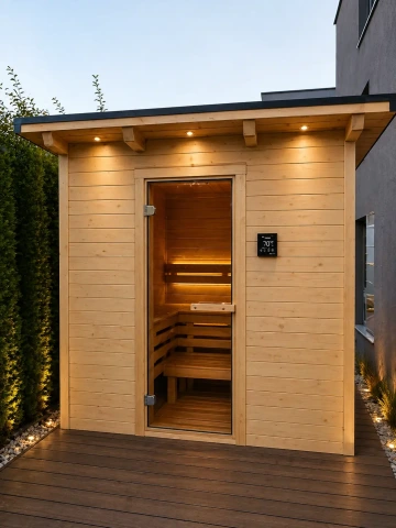 venkovní moderní sauna jako součást luxusní bytové zahrady