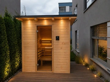 Moderní venkovní sauna jako součást bytové zahrady