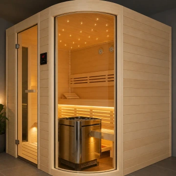 Designová oblouková sauna z osiky s prosklenou stěnou, LED osvětlením a moderním nerezovým topidlem s kameny.