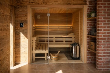 Prosklená finská sauna jednoduché prosklení čelní pohled do sauny
