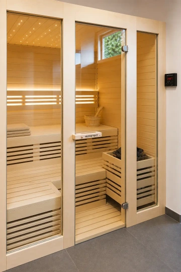 Prosklená sauna z osiky v interiéru s LED osvětlením, designovými lavicemi a moderním topidlem s kameny.