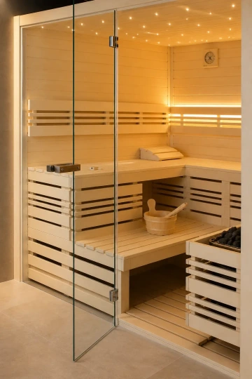 Moderní prosklená sauna z osiky s LED podsvícením, rohovými lavicemi a designovým interiérem v minimalistickém stylu.