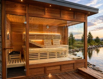 Sauna u jezera při západu slunce