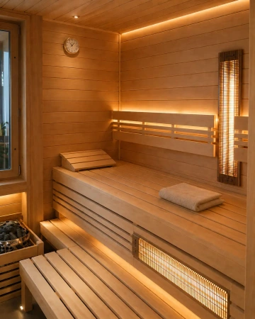 Sauna s moderním designem a infra panely vytváří dokonalé prostředí pro relaxaci a regeneraci. Světlé dřevo, jemné LED podsvícení a čisté linie lavic dodávají interiéru elegantní a útulný vzhled ideální pro domácí wellness.