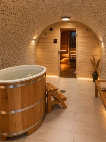 Interiérová sauna v obloukovém designu inspirovaném sudovou saunou s relaxační zónou, ochlazovací kádí a vstupem do prosvětlené finské sauny, která vytváří jedinečnou atmosféru wellness prostoru.
