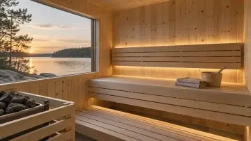 Finská sauna ze smrkového dřeva s panoramatickým výhledem z okna