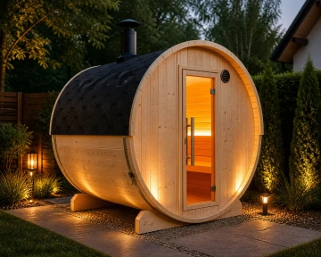 Sudová sauna Kammi 220 – moderní venkovní sudová sauna ze světlého dřeva s černou střechou, prosklenými dveřmi a teplým LED osvětlením v zahradním prostředí