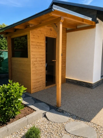 Venkovní finská sauna s moderní pultovou střechou a velkým oknem, která propojuje interiér s exteriérem a nabízí krásný výhled do zahrady. Elegantní dřevěné provedení v přírodním odstínu doplňují prosklené dveře a kvalitní izolovaná konstrukce, díky níž je sauna vhodná pro celoroční využití. Ideální řešení pro domácí wellness a relaxaci na terase či zahradě.