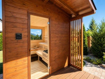Venkovní sauna v zahradě s výhledem do přírody
