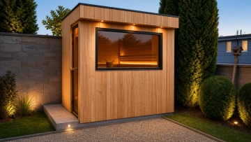 Venkovní sauna v provedení vnějšího pláště z modřínu