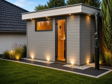 Moderní venkovní šedá sauna se skleněnými dveřmi, zahradní sprchou, LED osvětlením a upravenou zahradou.